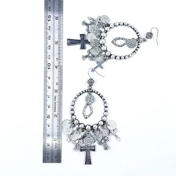 NWT – Charming Charlie – Cross & Disk Charms Silver Tone Dangle 4” Earrings - Picture 9 of 9